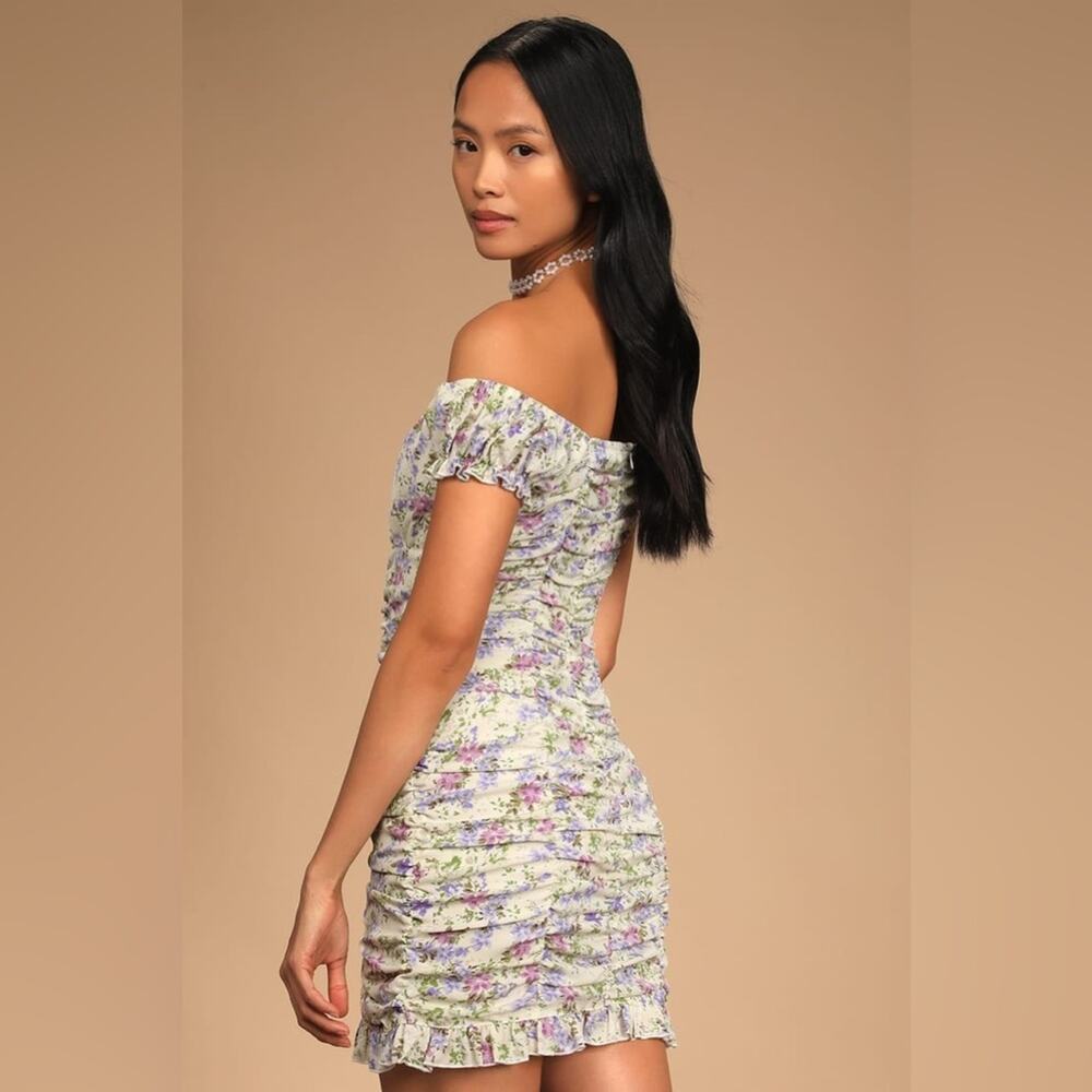 Lulus Love Bloom Cream Floral Print Ruched Off-the-Shoulder Mini Dress Large - Picture 15 of 15